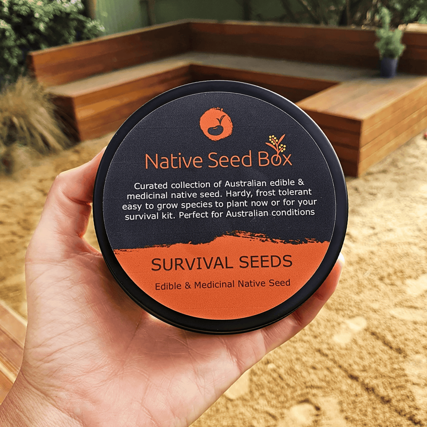Emergency survival seed tin featuring 10 native edible plant species