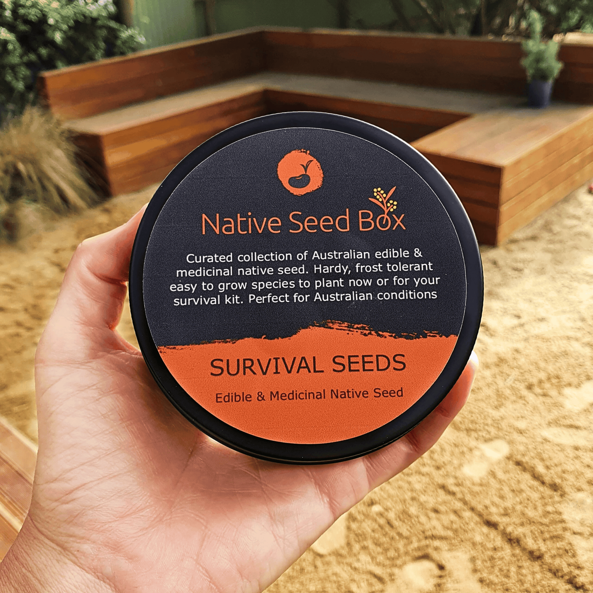 Emergency survival seed tin featuring 10 native edible plant species