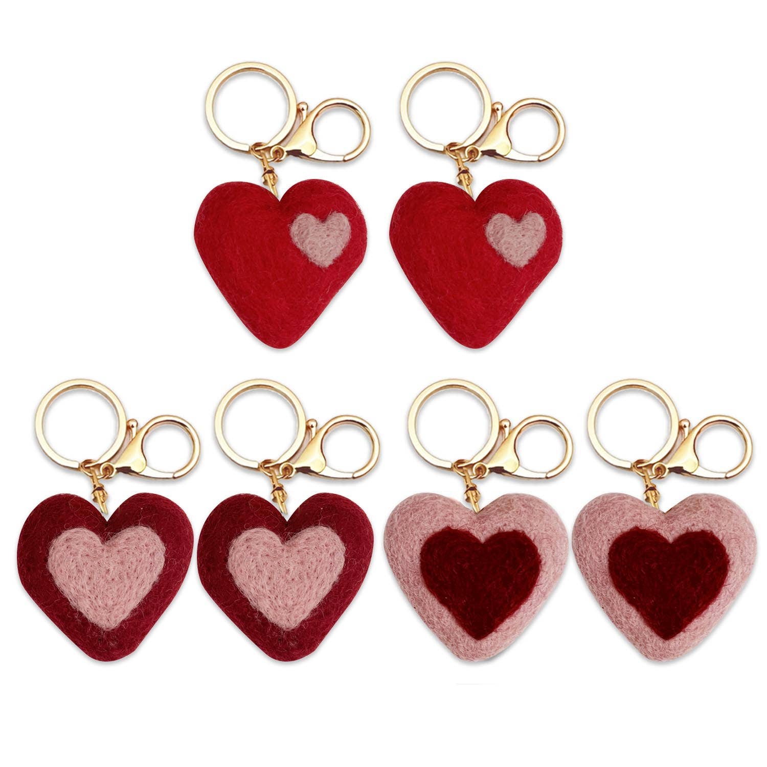 6 hand-felted heart keychains with gold clip