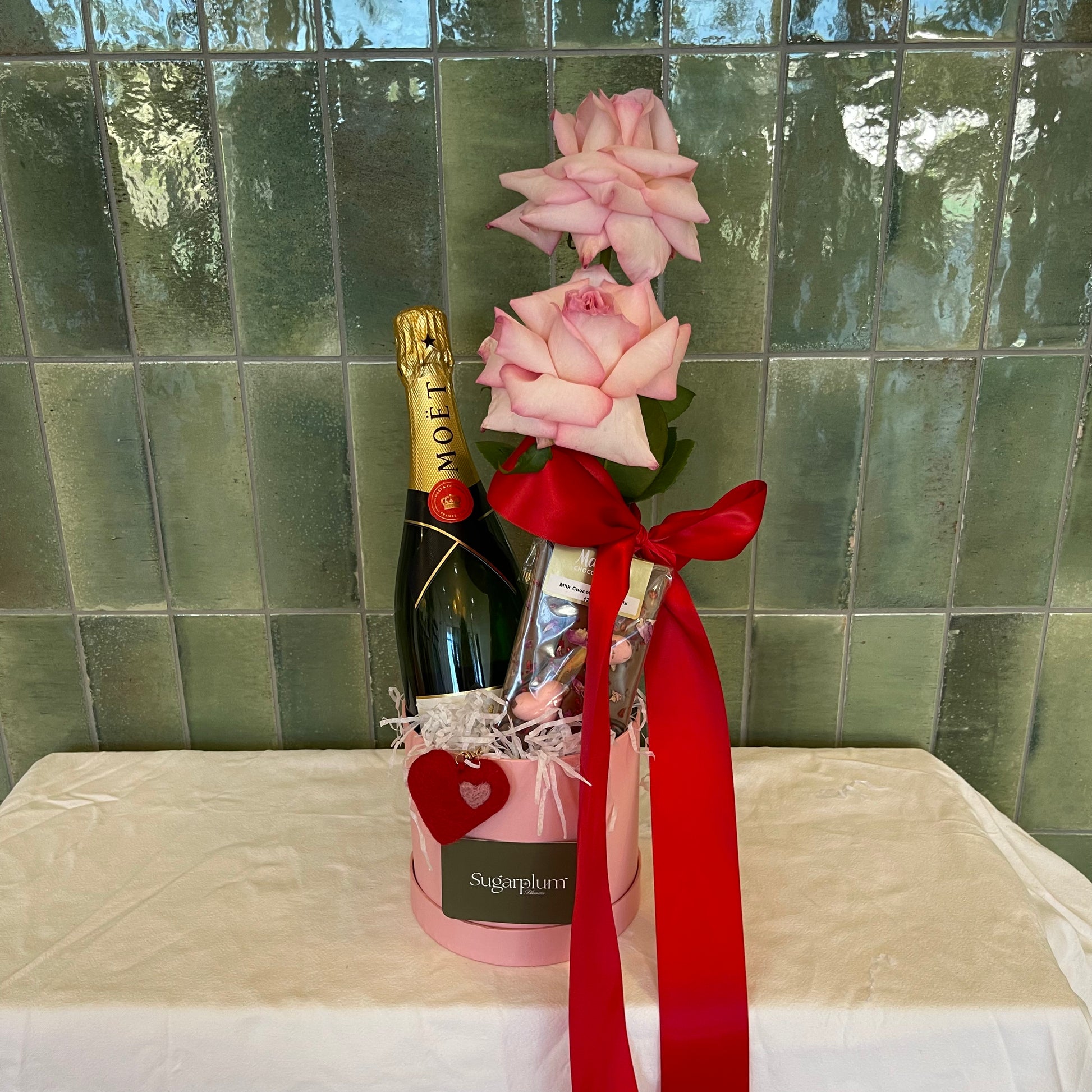 Romantic anniversary hamper with Moët, roses and local chocolate