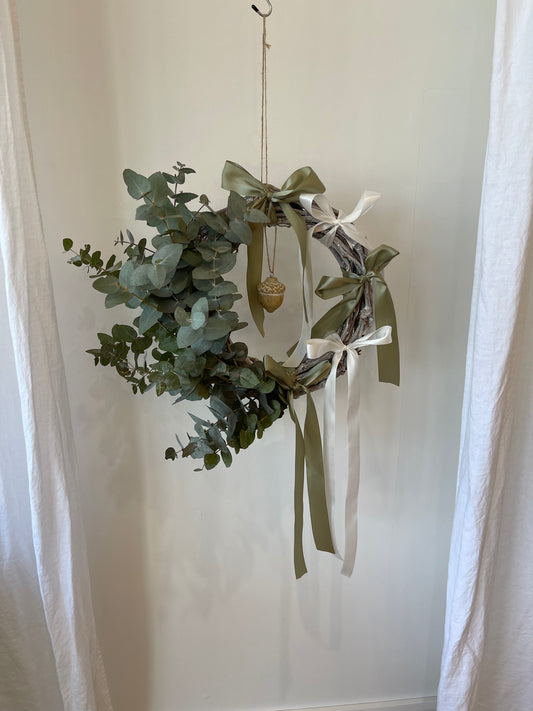 Eucalyptus 1/2 moon wreath with ribbons and ornament