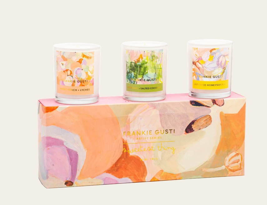 set of 3 mini soy candles in a clear glass