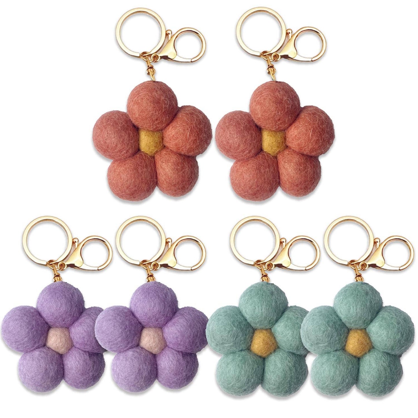 Bundle of 6 felt flower air fresheners keychains in daisy, bloom, and sage