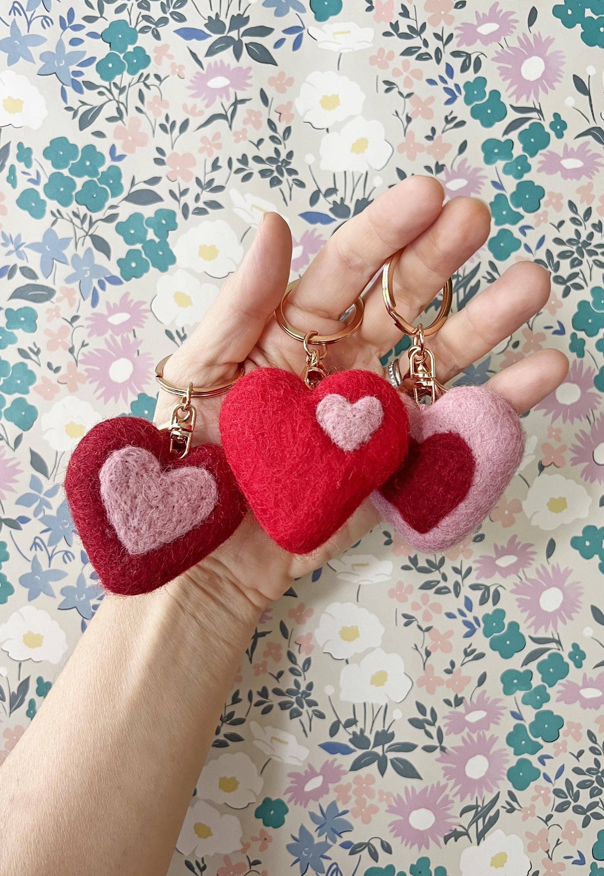 Cute heart-shaped keyrings in red, deep red, and pink