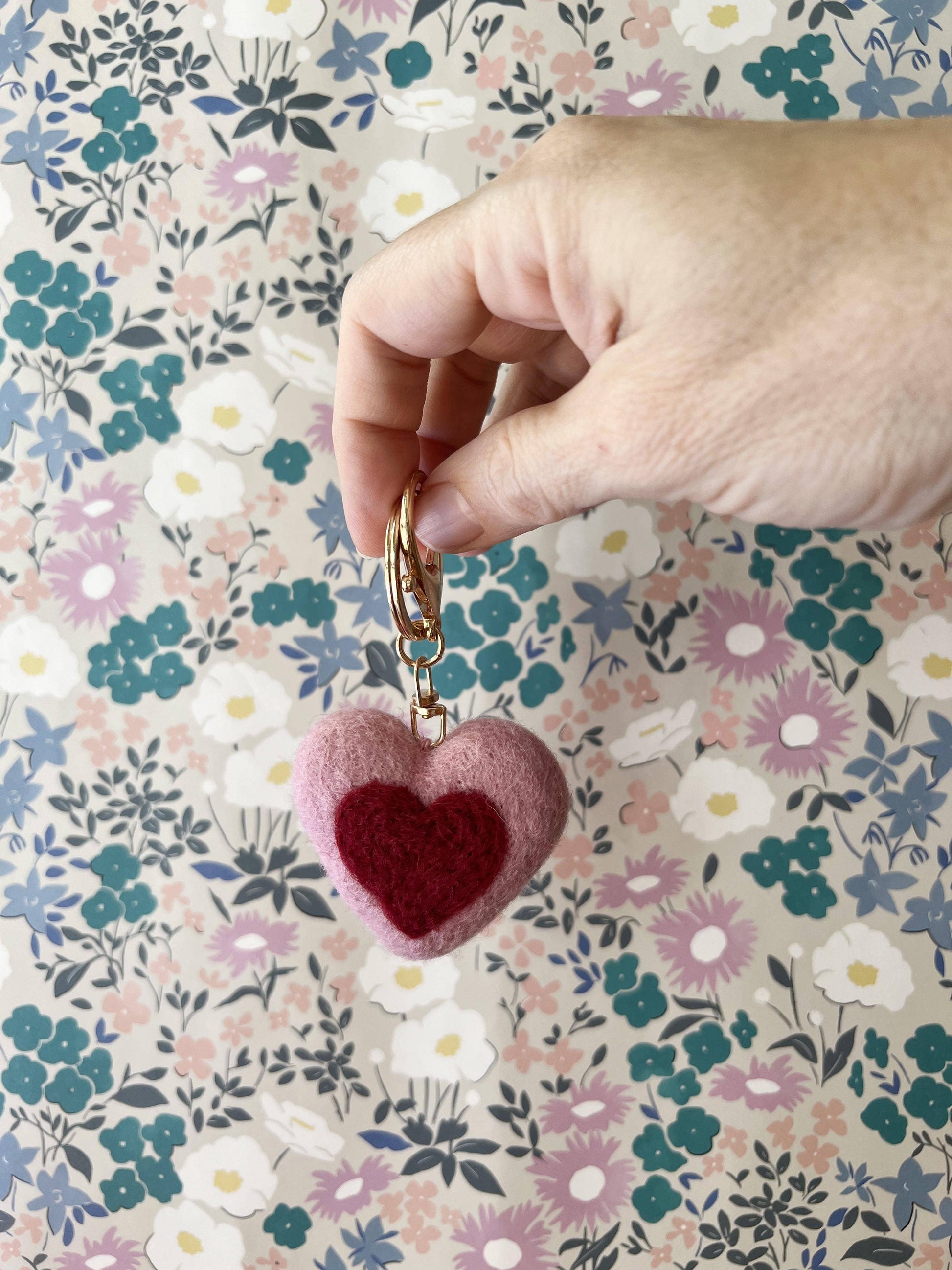 pink and red tone Hand-felted wool heart keychain